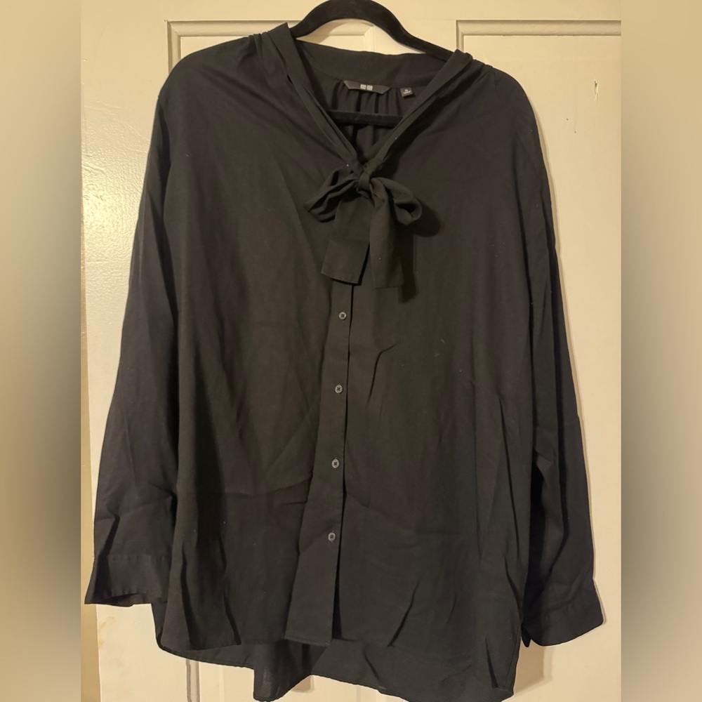 Black Button-Up Blouse with Bow